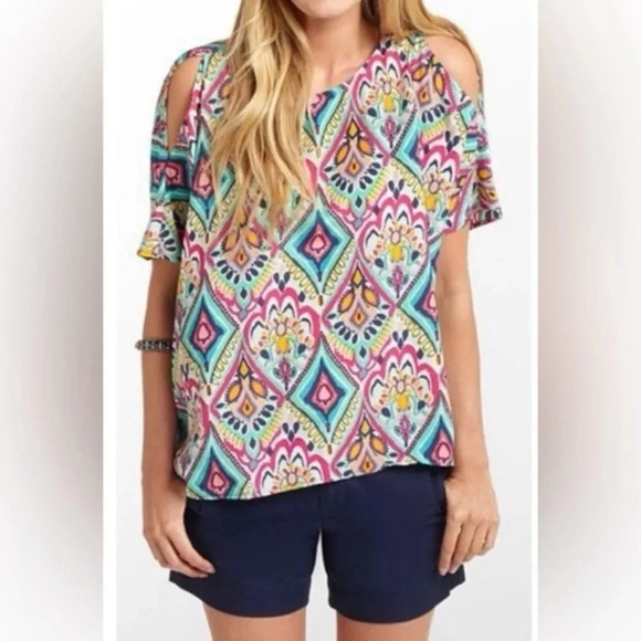 Lilly Pulitzer Trace Cold Shoulder Silk Top - Crown Jewel - Picture 2 of 8